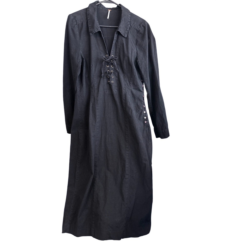 Free People Black Long Sleeve Lace-Up Maxi Dress